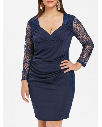 Lace Panels Ruched Plus Size Surplice Dress - 5x