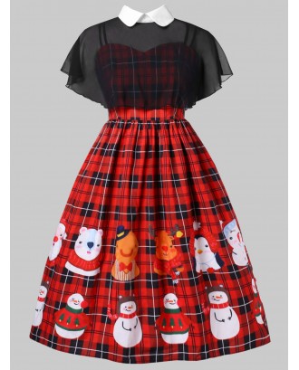 Plus Size Christmas Snowman Print Pin Up Dress With Mesh Cape - 4x