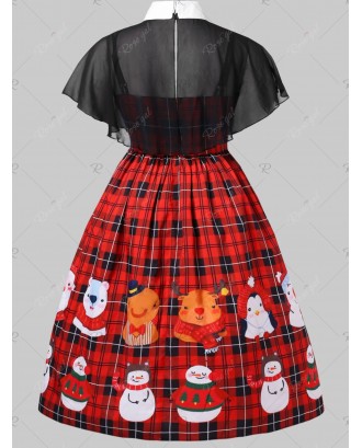 Plus Size Christmas Snowman Print Pin Up Dress With Mesh Cape - 4x