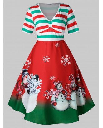 Plus Size Christmas Vintage Stripe Snowman Print Party Dress - 5x