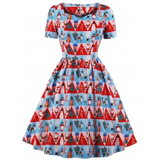 Vintage Christmas Printed Fit and Flare Dress - S