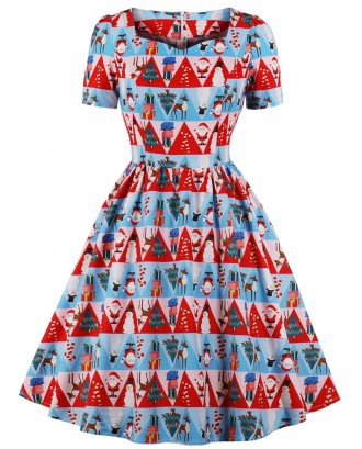 Vintage Christmas Printed Fit and Flare Dress - S