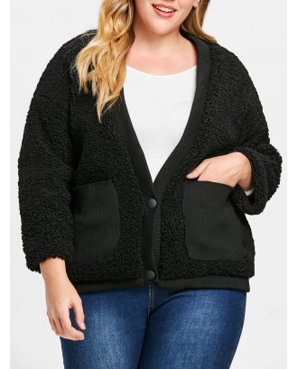 Front Pockets Plus Size Faux Fur Jacket - One Size