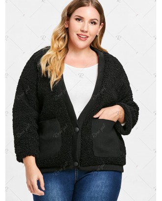 Front Pockets Plus Size Faux Fur Jacket - One Size