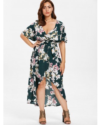  Plus Size Floral Print Belted Dress - Dark Green 2x