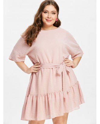  Plus Size Ruffles Belted Dress - Light Pink 1x