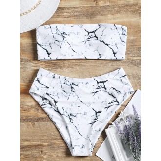 Marble Print High Waisted Bandeau Swimwear Set - White M