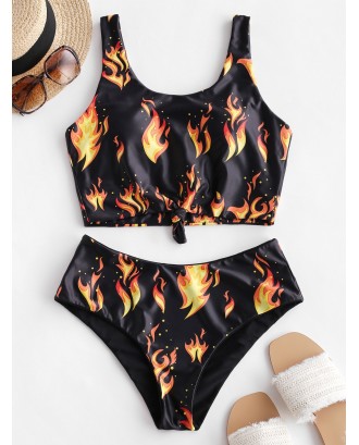 Flame Print Knot Reversible Tankini Swimsuit - Black S
