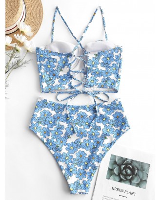  Floral Underwire Lace Up Tummy Control Tankini Swimsuit - Multi-a Xl