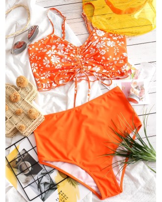  Cinched Frilled Floral Tankini Swimsuit - Pumpkin Orange S