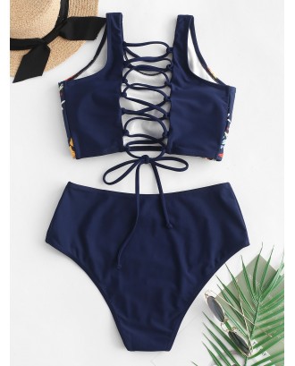  Floral Lace-up Tankini Swimsuit - Lapis Blue Xl