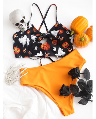  Halloween Pumpkin Lace Up High Leg Tankini Swimsuit - Multi-a L