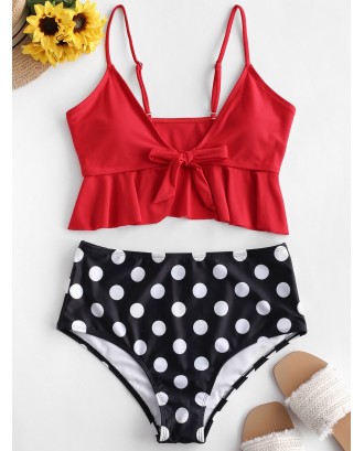  Flounce Tie Front Polka Dot Tankini Swimsuit - Ruby Red Xl