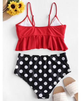  Flounce Tie Front Polka Dot Tankini Swimsuit - Ruby Red Xl