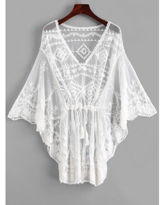 Butterfly Sleeve Crochet Mini Beach Dress - White