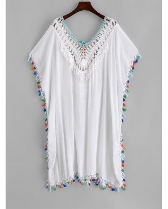Tassels Crochet Panel Beach Kaftan Dress - White