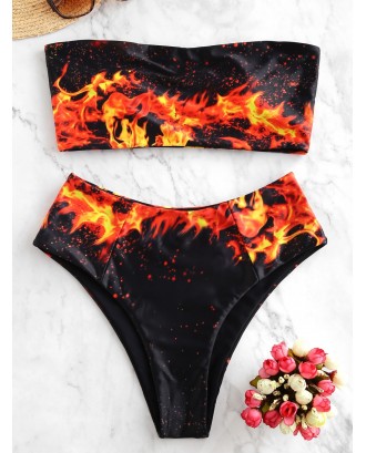  Fire Print High Leg Bandeau Swimwear Swimsuit - Multi-a S