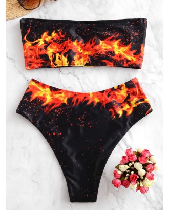  Fire Print High Leg Bandeau Swimwear Swimsuit - Multi-a S