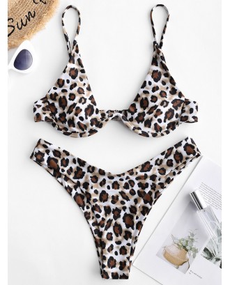  Leopard Underwire Swimwear Set - Light Khaki M