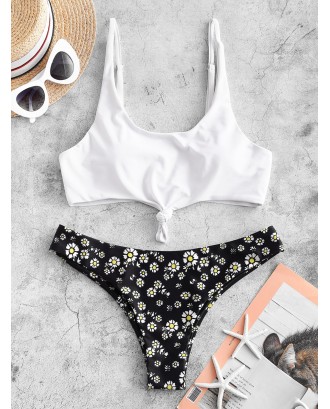  Knot Daisy Print Swimwear Swimsuit - White M