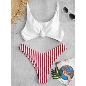  Brazilian Flag Print Contrast Striped Knot Swimwear Set - Red S
