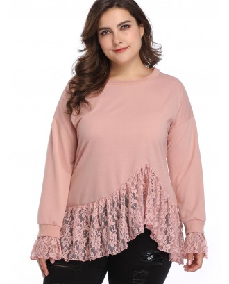 Lace Insert Plus Size Sweatshirt - Pink 4x